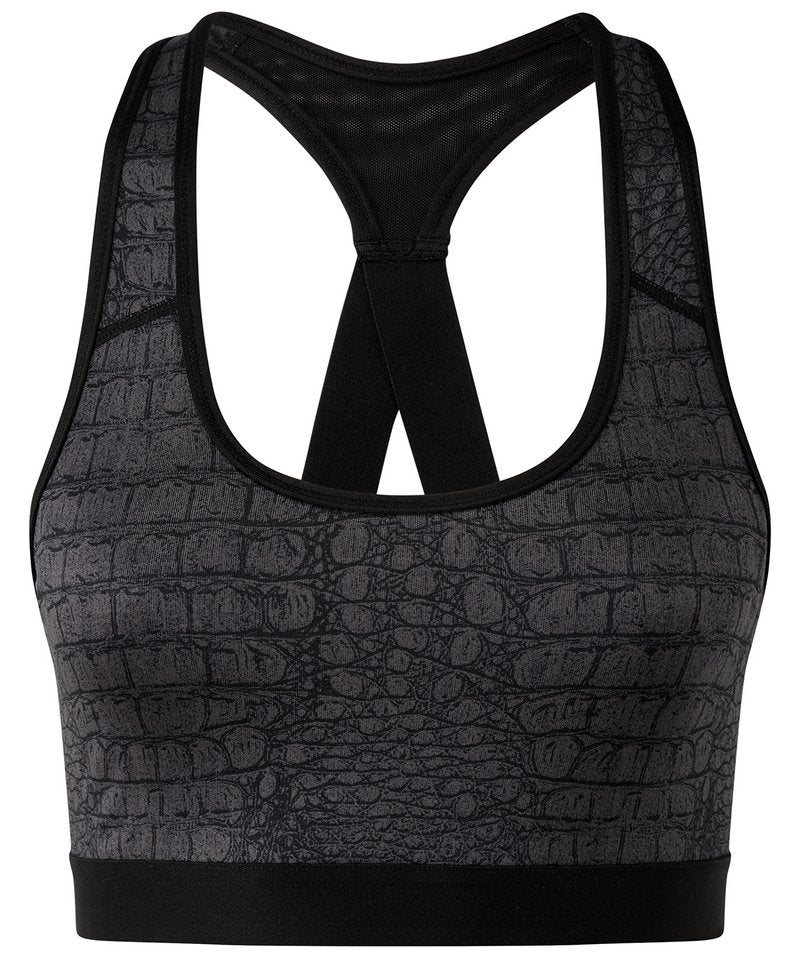 Tridri Performance Animal Printed Bra (Medium Impact) in Crocodile Black by TriDri — Custom branded clothing by Print Press, featuring premium embroidery produced in our specialist print lab in the UK.