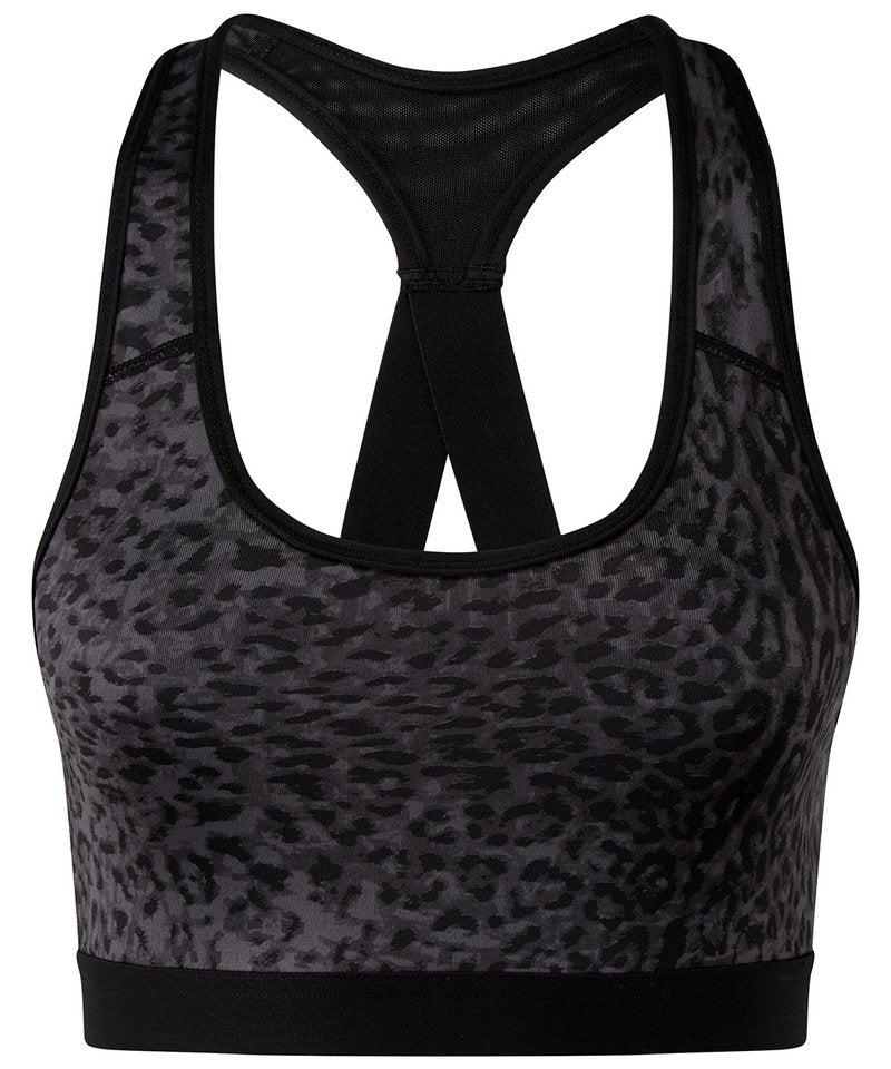 Tridri Performance Animal Printed Bra (Medium Impact) in Leopard Black by TriDri — Custom branded clothing by Print Press, featuring premium embroidery produced in our specialist print lab in the UK.