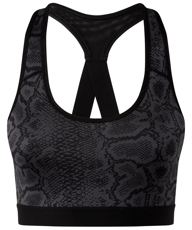 Tridri Performance Animal Printed Bra (Medium Impact) in Snake Black by TriDri — Custom branded clothing by Print Press, featuring premium embroidery produced in our specialist print lab in the UK.