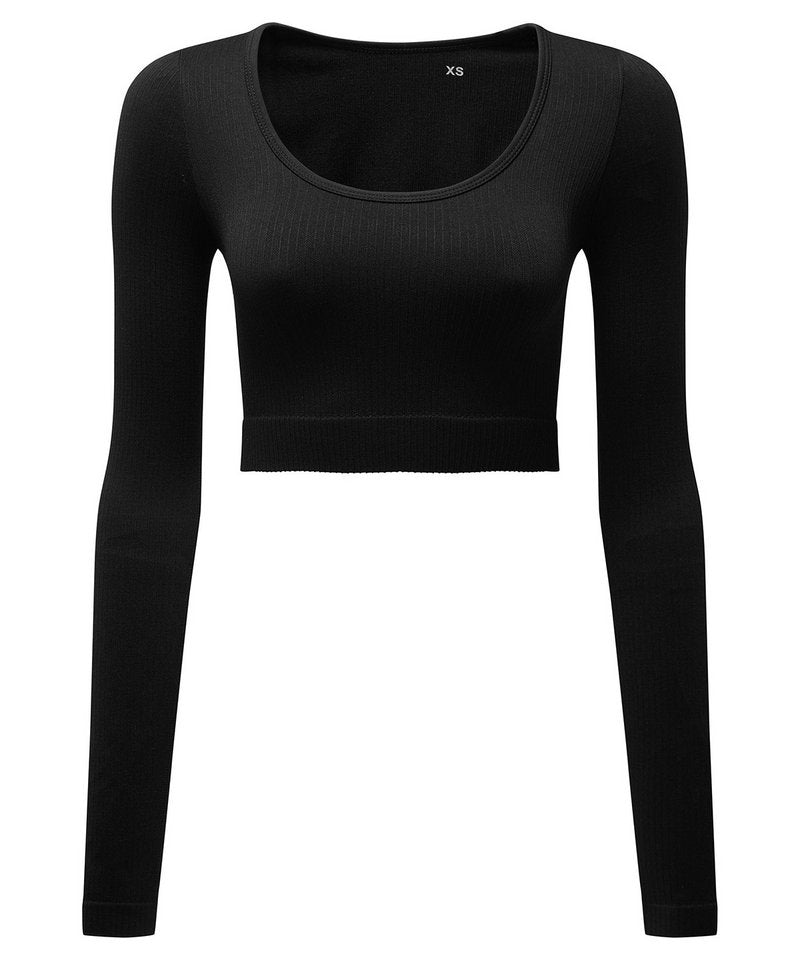 Women's Tridri Ribbed Seamless '3D Fit' Crop Top in Black by TriDri — Custom branded clothing by Print Press, featuring premium embroidery produced in our specialist print lab in the UK.
