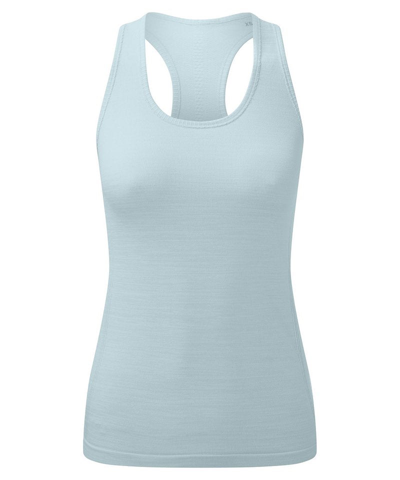 Women's Tridri Recycled Seamless 3D Fit Multi-Sport Flex Vest in Sky Blue Melange by TriDri — Custom branded clothing by Print Press, featuring premium embroidery produced in our specialist print lab in the UK.
