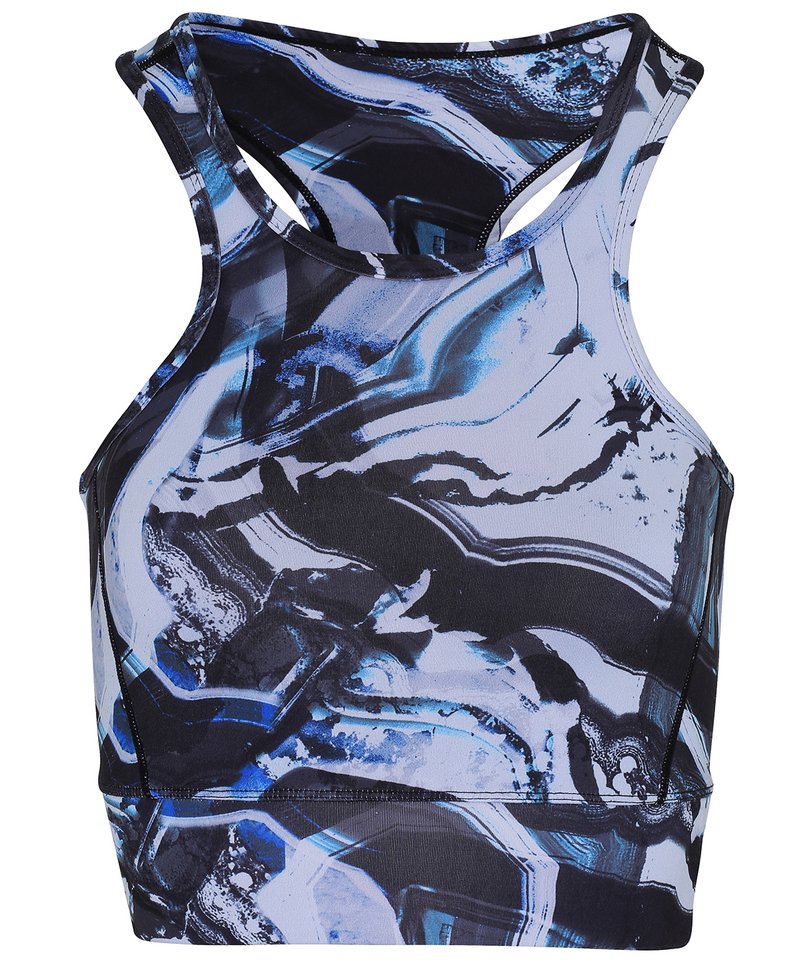 Tridri Performance Sports Mid-Length Bra (Low Impact) in Black Blue Marble by TriDri — Custom branded clothing by Print Press, featuring premium embroidery produced in our specialist print lab in the UK.