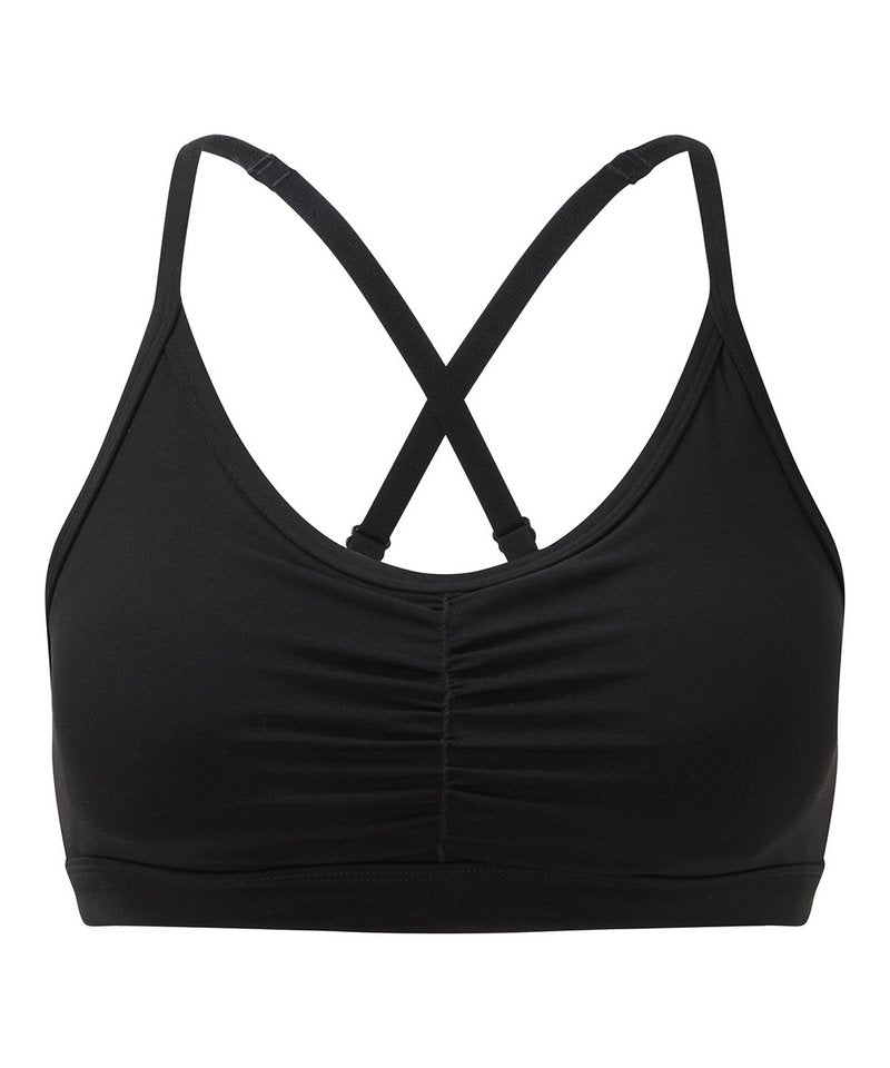 Women's Tridri Ruched Sports Bra (Medium Impact) in Black by TriDri — Custom branded clothing by Print Press, featuring premium embroidery produced in our specialist print lab in the UK.