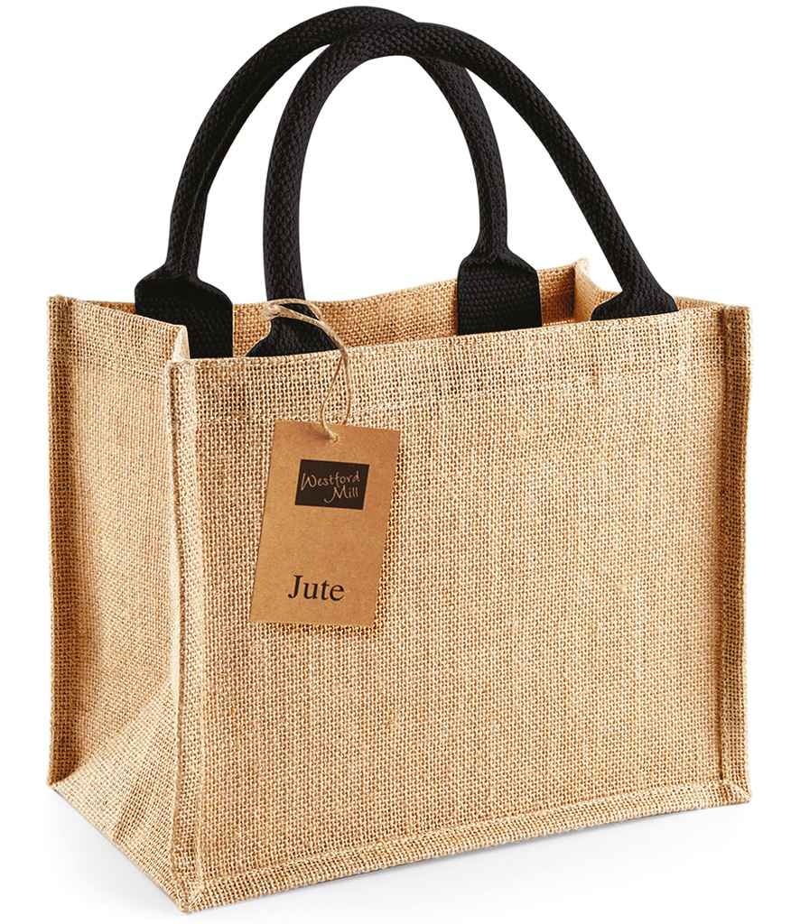 Westford Mill Jute Mini Gift Bag in ONE Natural Black by Westford Mill — Custom branded clothing by Print Press, featuring premium embroidery produced in our specialist print lab in the UK.