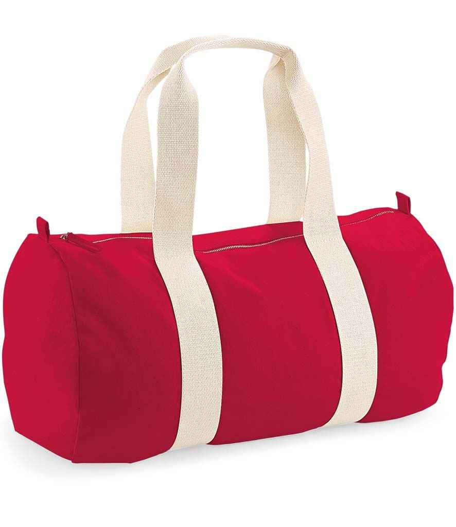 Westford Mill EarthAware Organic Barrel Bag in ONE Classic Red by Westford Mill — Custom branded clothing by Print Press, featuring premium embroidery produced in our specialist print lab in the UK.