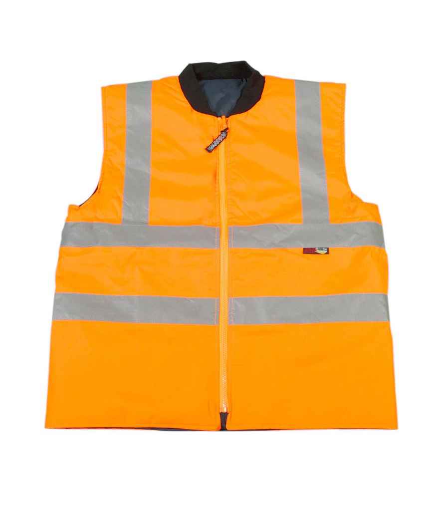 Warrior Phoenix Hi-Vis Reversible Bodywarmer in Fluorescent Orange by Warrior — Custom branded clothing by Print Press, featuring premium embroidery produced in our specialist print lab in the UK.