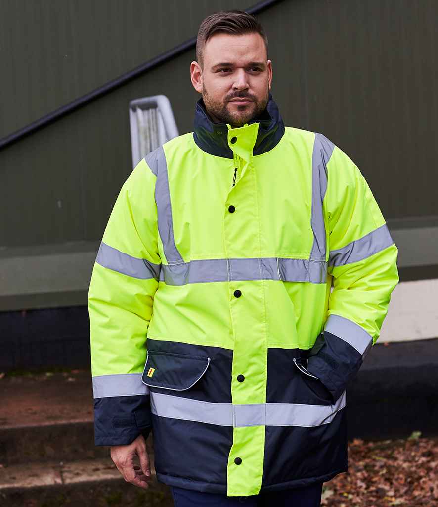 Warrior Denver Hi-Vis Jacket in Fluorescent Yellow by Warrior — Custom branded clothing by Print Press, featuring premium embroidery produced in our specialist print lab in the UK.