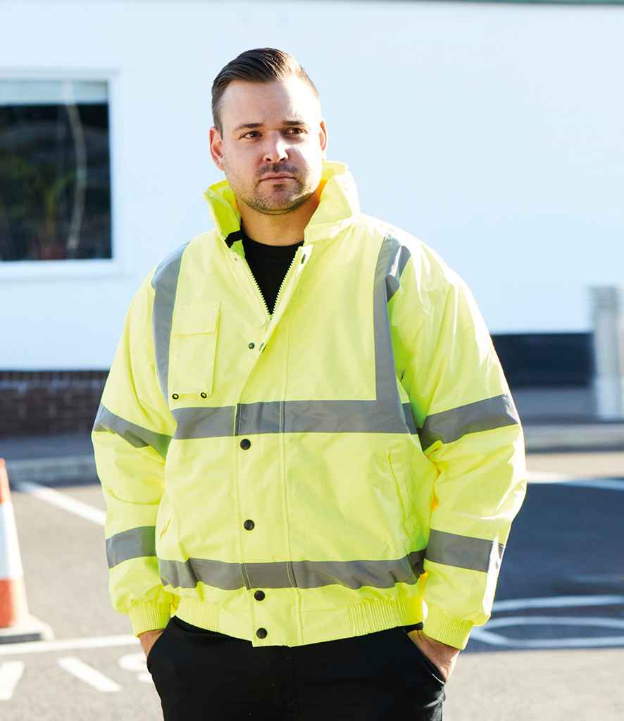 Warrior Tulsa Hi-Vis Bomber Jacket in Fluorescent Yellow by Warrior — Custom branded clothing by Print Press, featuring premium embroidery produced in our specialist print lab in the UK.