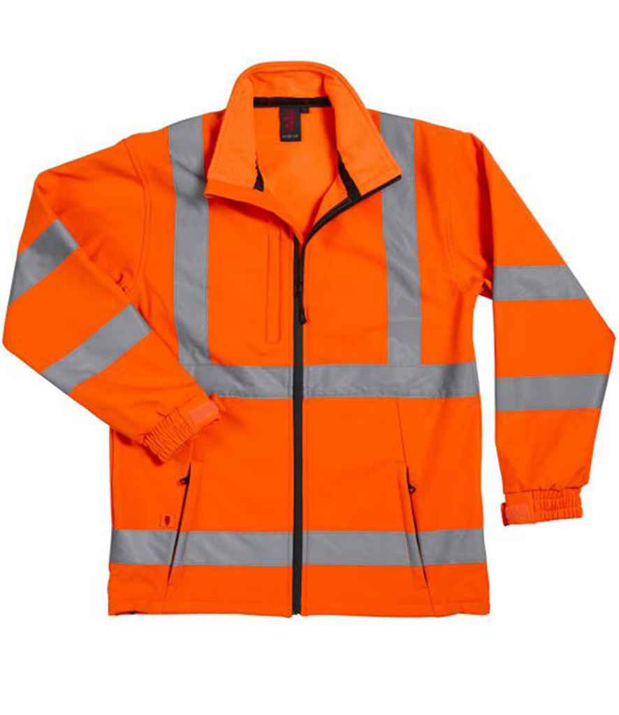 Warrior Hi-Vis Soft Shell Jacket in Fluorescent Orange by Warrior — Custom branded clothing by Print Press, featuring premium embroidery produced in our specialist print lab in the UK.