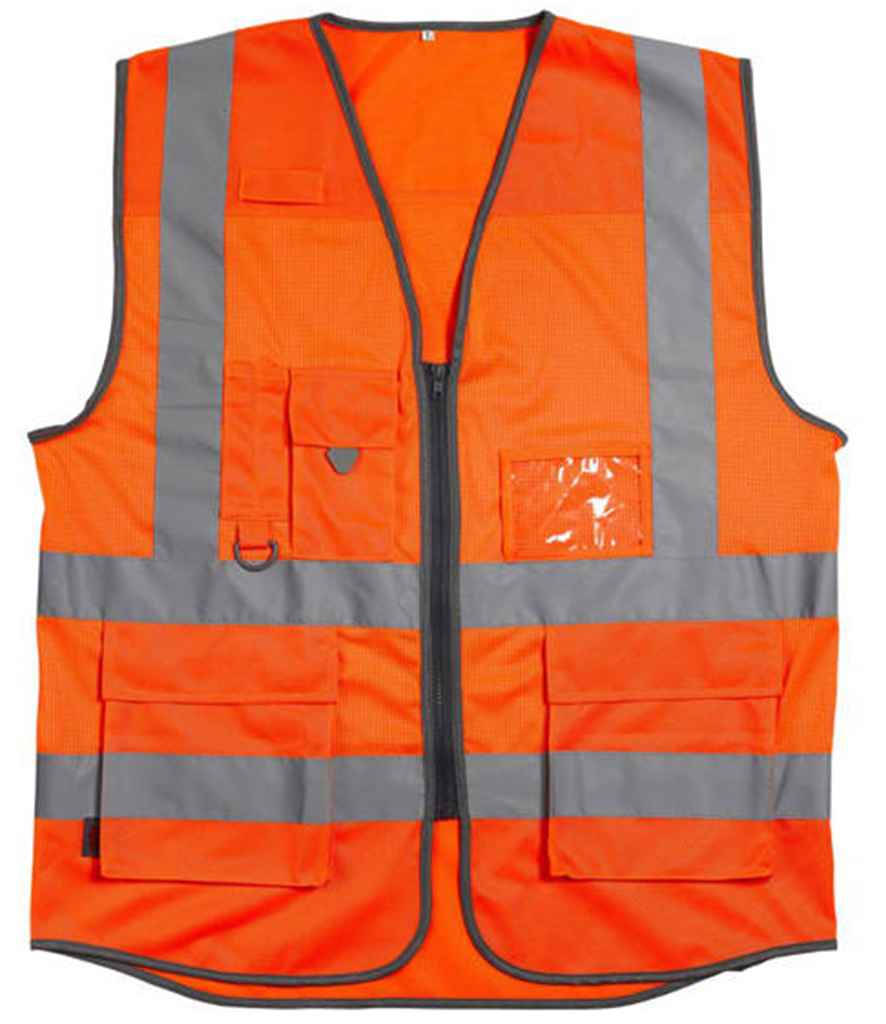 Warrior Hi-Vis Executive Mesh Waistcoat in Fluorescent Orange by Warrior — Custom branded clothing by Print Press, featuring premium embroidery produced in our specialist print lab in the UK.