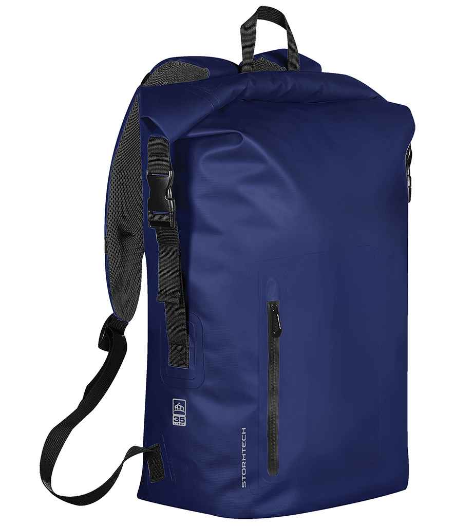 Stormtech Cascade Waterproof Backpack in ONE Ocean Blue Black by Stormtech — Custom branded clothing by Print Press, featuring premium embroidery produced in our specialist print lab in the UK.