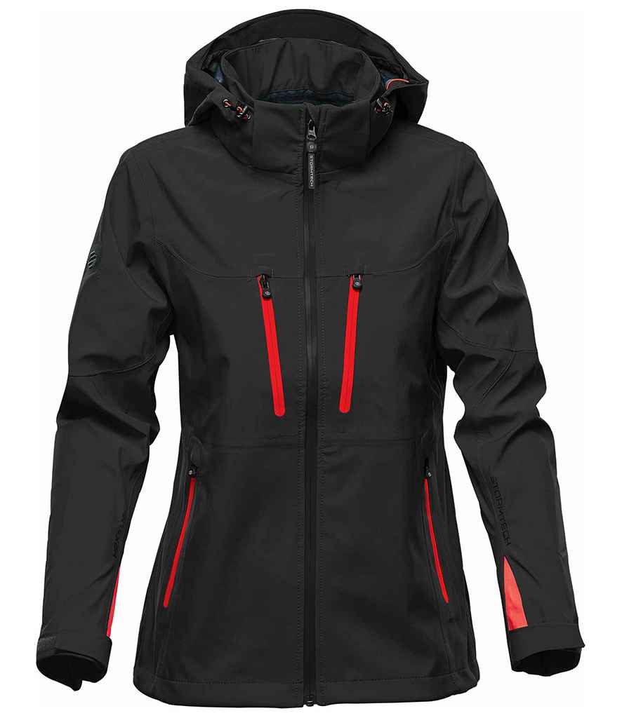 Stormtech Ladies Patrol Hooded Soft Shell Jacket in Black Bright Red by Stormtech — Custom branded clothing by Print Press, featuring premium embroidery produced in our specialist print lab in the UK.