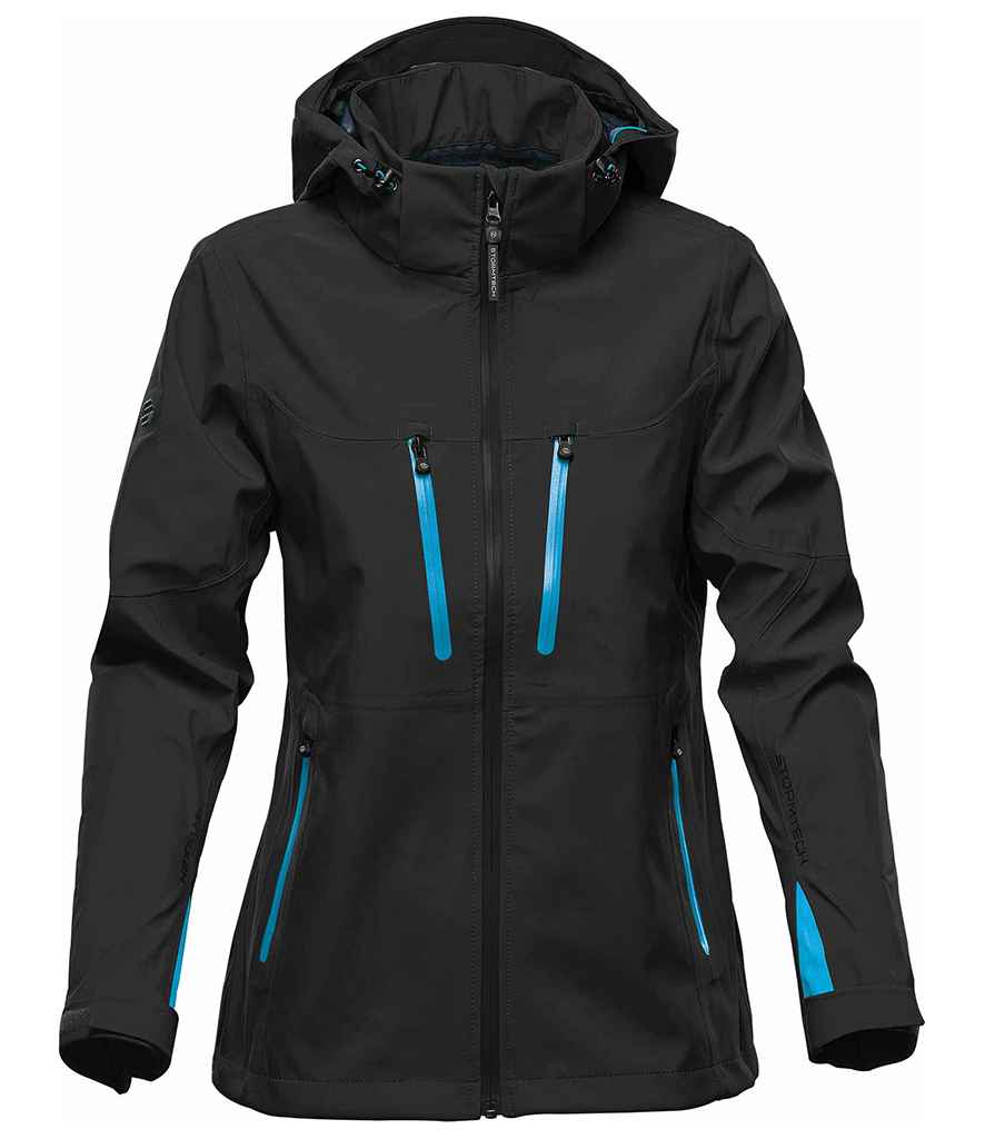 Stormtech Ladies Patrol Hooded Soft Shell Jacket in Black Electric Blue by Stormtech — Custom branded clothing by Print Press, featuring premium embroidery produced in our specialist print lab in the UK.