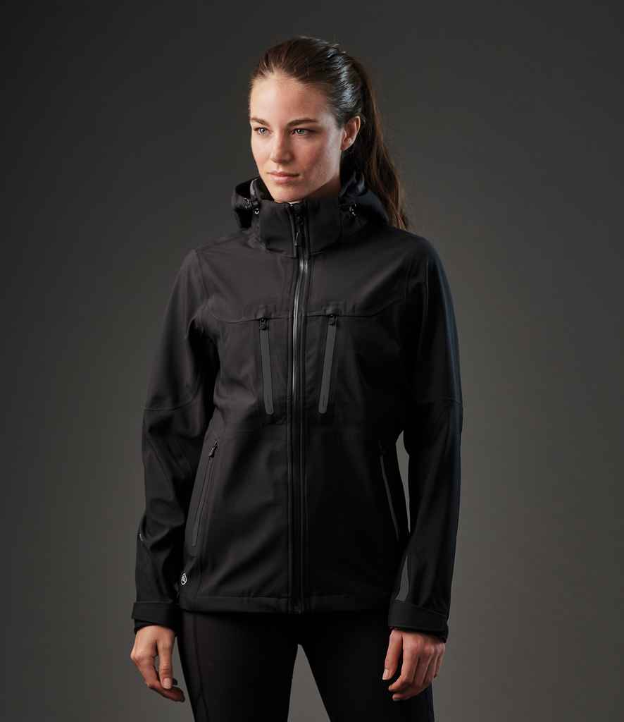 Stormtech Ladies Patrol Hooded Soft Shell Jacket in Black Carbon by Stormtech — Custom branded clothing by Print Press, featuring premium embroidery produced in our specialist print lab in the UK.