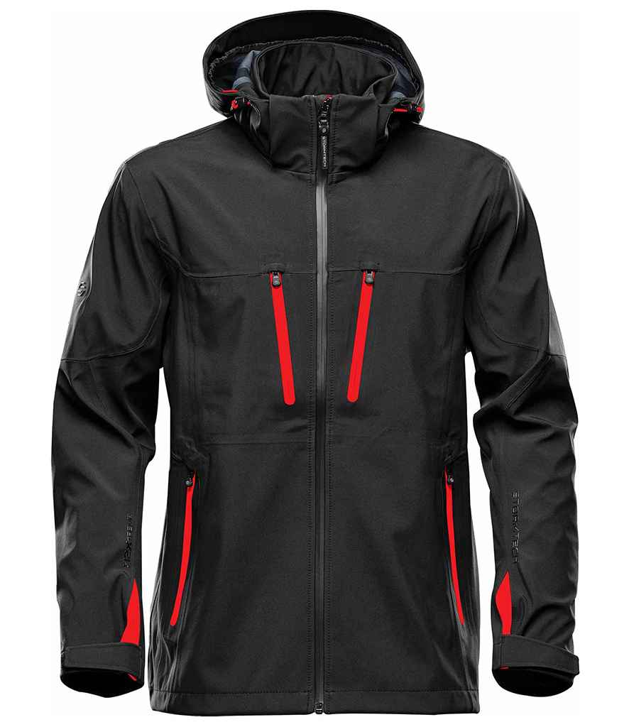 Stormtech Patrol Hooded Soft Shell Jacket in Black Bright Red by Stormtech — Custom branded clothing by Print Press, featuring premium embroidery produced in our specialist print lab in the UK.