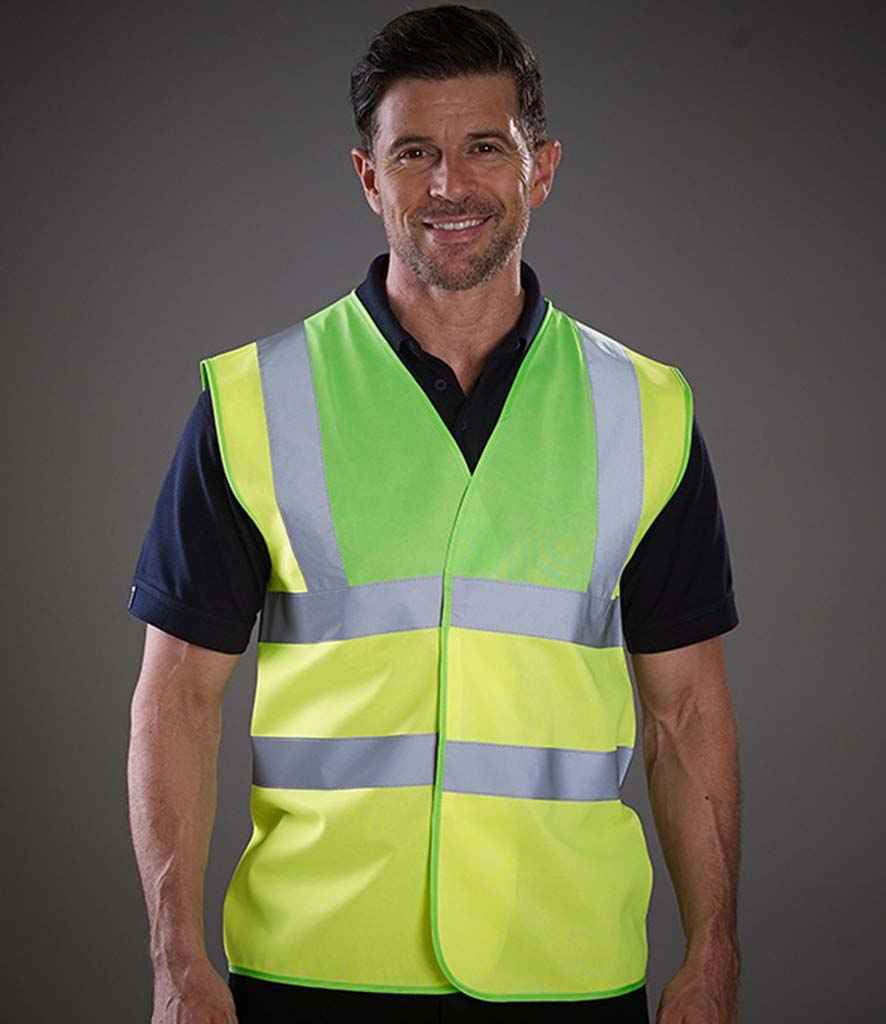 Yoko Hi-Vis Two Band and Braces Waistcoat - (2nd Colours) in Lime Green Yellow by Yoko — Custom branded clothing by Print Press, featuring premium embroidery produced in our specialist print lab in the UK.