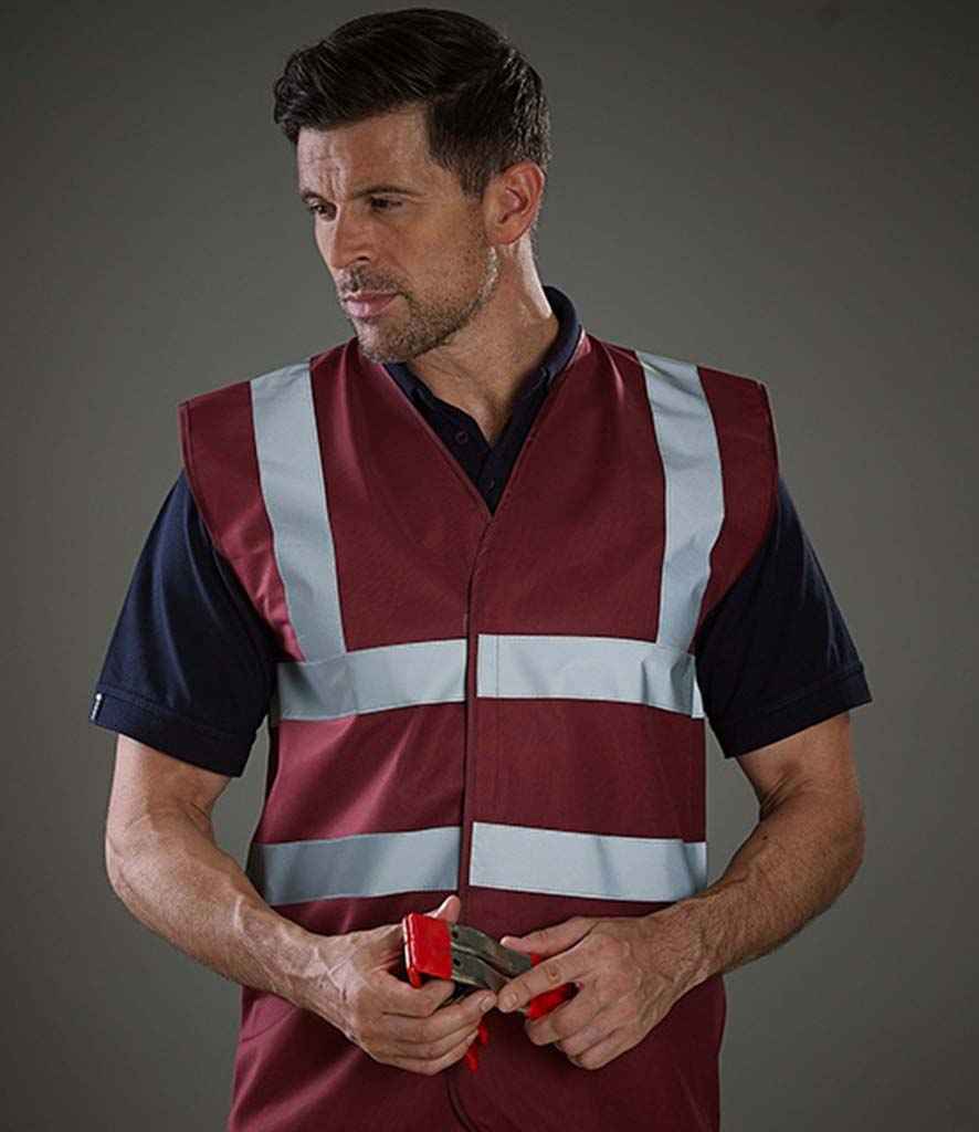 Yoko Hi-Vis Two Band and Braces Waistcoat - (2nd Colours) in Maroon by Yoko — Custom branded clothing by Print Press, featuring premium embroidery produced in our specialist print lab in the UK.