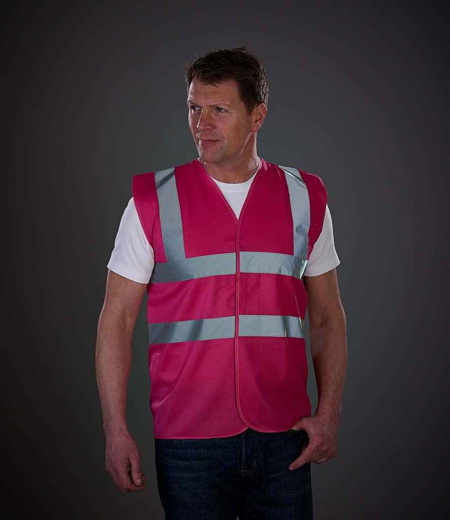 Yoko Hi-Vis Two Band and Braces Waistcoat in Raspberry by Yoko — Custom branded clothing by Print Press, featuring premium embroidery produced in our specialist print lab in the UK.