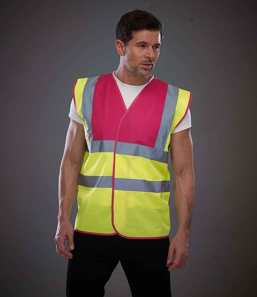 Yoko Hi-Vis Two Band and Braces Waistcoat in Raspberry Yellow by Yoko — Custom branded clothing by Print Press, featuring premium embroidery produced in our specialist print lab in the UK.