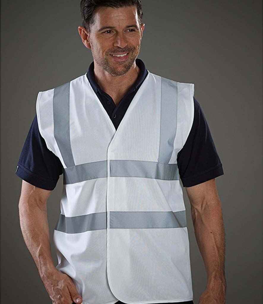 Yoko Hi-Vis Two Band and Braces Waistcoat in White by Yoko — Custom branded clothing by Print Press, featuring premium embroidery produced in our specialist print lab in the UK.