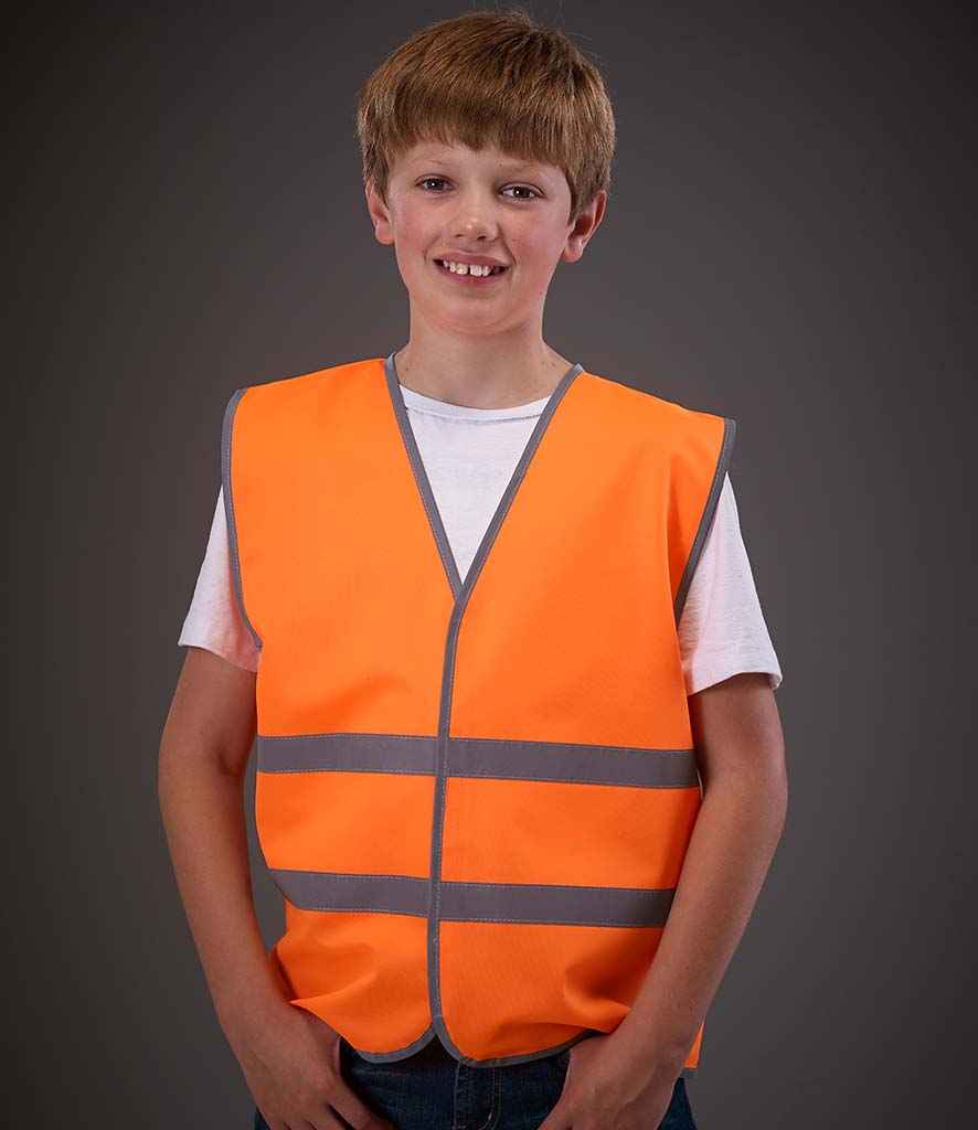 Yoko Kids Hi-Vis Two Band Waistcoat in Orange by Yoko — Custom branded clothing by Print Press, featuring premium embroidery produced in our specialist print lab in the UK.