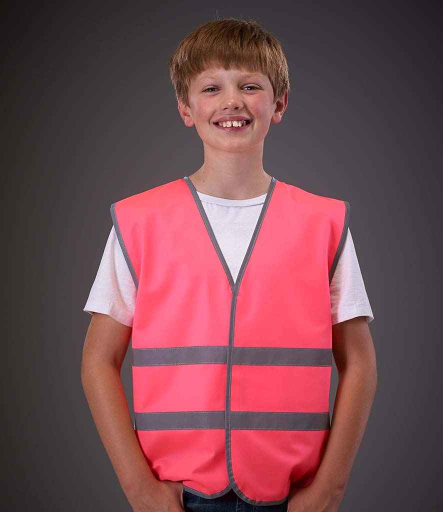 Yoko Kids Hi-Vis Two Band Waistcoat in Pink by Yoko — Custom branded clothing by Print Press, featuring premium embroidery produced in our specialist print lab in the UK.