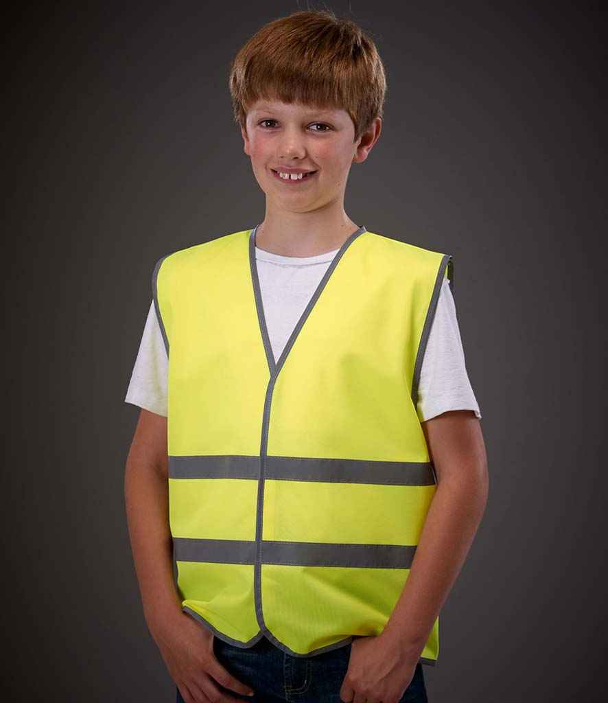Yoko Kids Hi-Vis Two Band Waistcoat in Yellow by Yoko — Custom branded clothing by Print Press, featuring premium embroidery produced in our specialist print lab in the UK.
