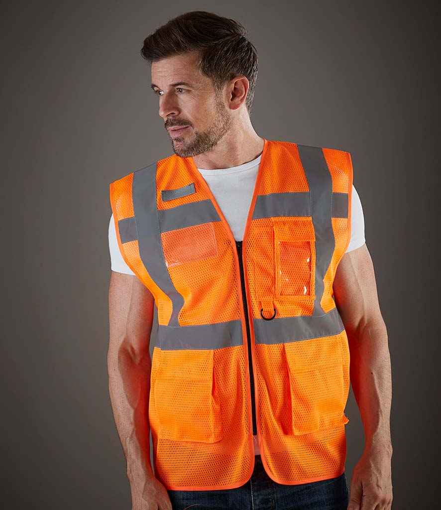 Yoko Hi-Vis Top Cool Open Mesh Executive Waistcoat in Orange by Yoko — Custom branded clothing by Print Press, featuring premium embroidery produced in our specialist print lab in the UK.