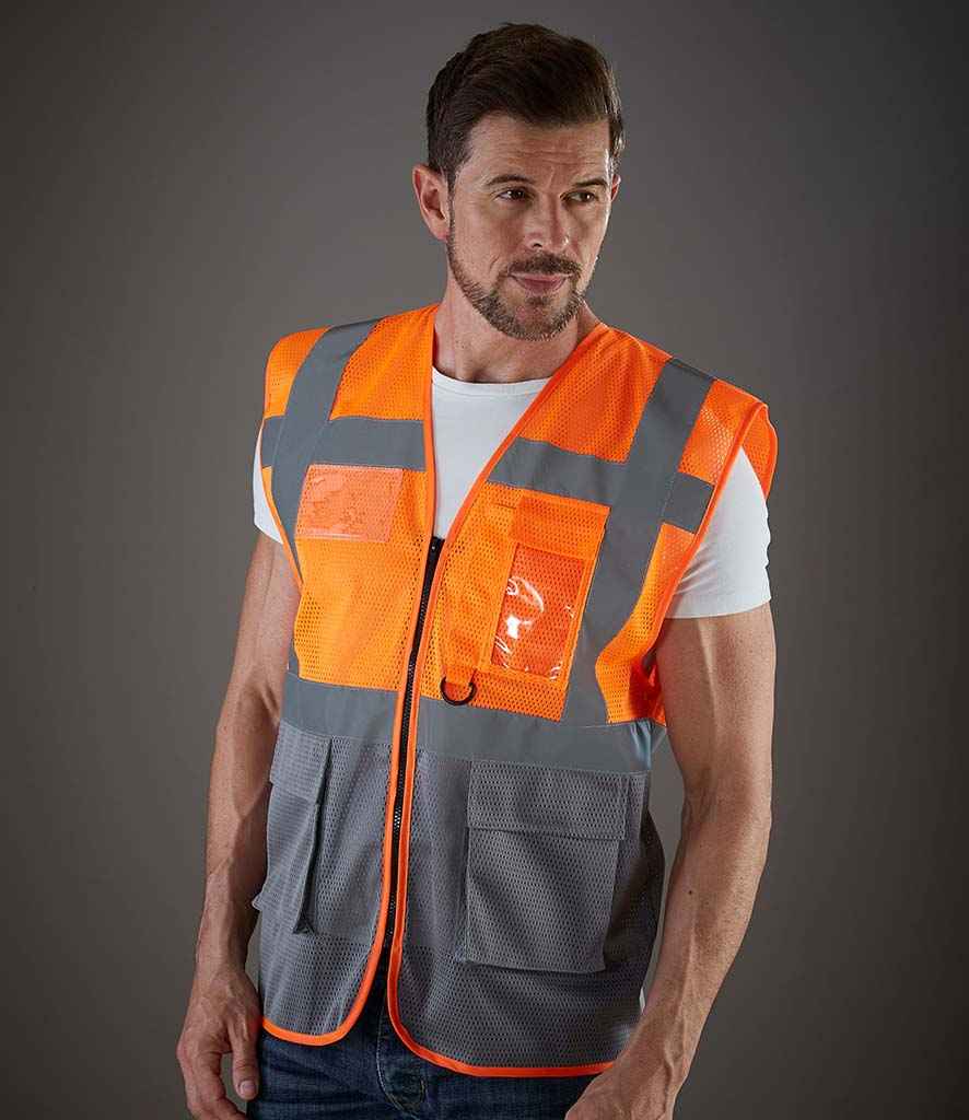Yoko Hi-Vis Top Cool Open Mesh Executive Waistcoat in Orange Grey by Yoko — Custom branded clothing by Print Press, featuring premium embroidery produced in our specialist print lab in the UK.