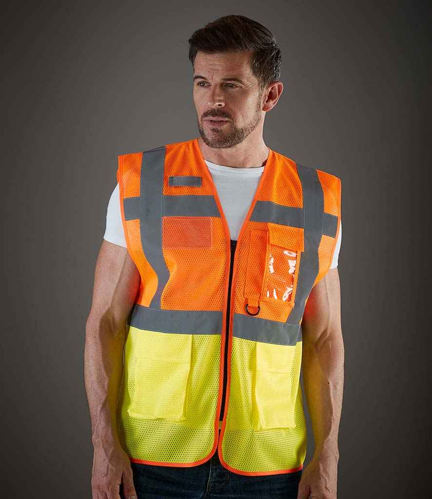 Yoko Hi-Vis Top Cool Open Mesh Executive Waistcoat in by Yoko — Custom branded clothing by Print Press, featuring premium embroidery produced in our specialist print lab in the UK.