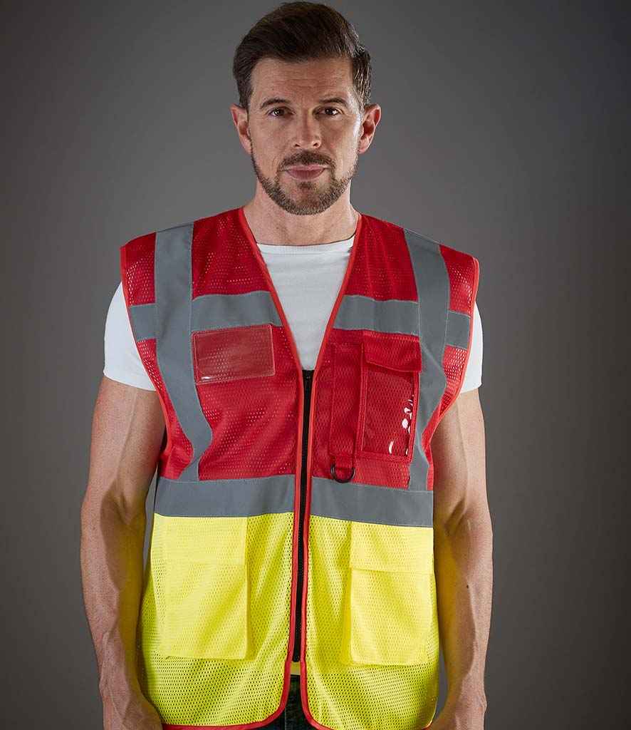 Yoko Hi-Vis Top Cool Open Mesh Executive Waistcoat in Red Yellow by Yoko — Custom branded clothing by Print Press, featuring premium embroidery produced in our specialist print lab in the UK.