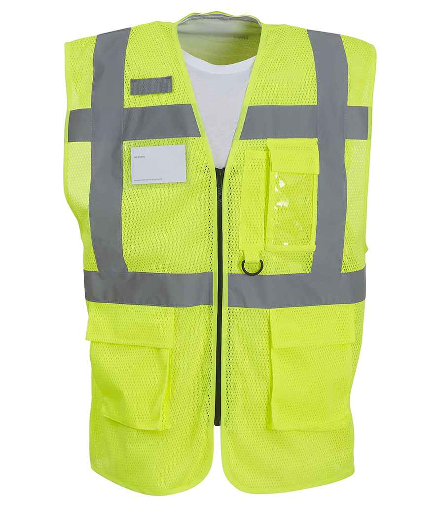 Yoko Hi-Vis Top Cool Open Mesh Executive Waistcoat in by Yoko — Custom branded clothing by Print Press, featuring premium embroidery produced in our specialist print lab in the UK.