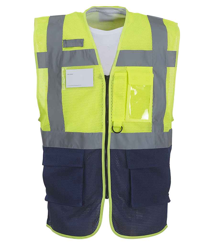 Yoko Hi-Vis Top Cool Open Mesh Executive Waistcoat in by Yoko — Custom branded clothing by Print Press, featuring premium embroidery produced in our specialist print lab in the UK.