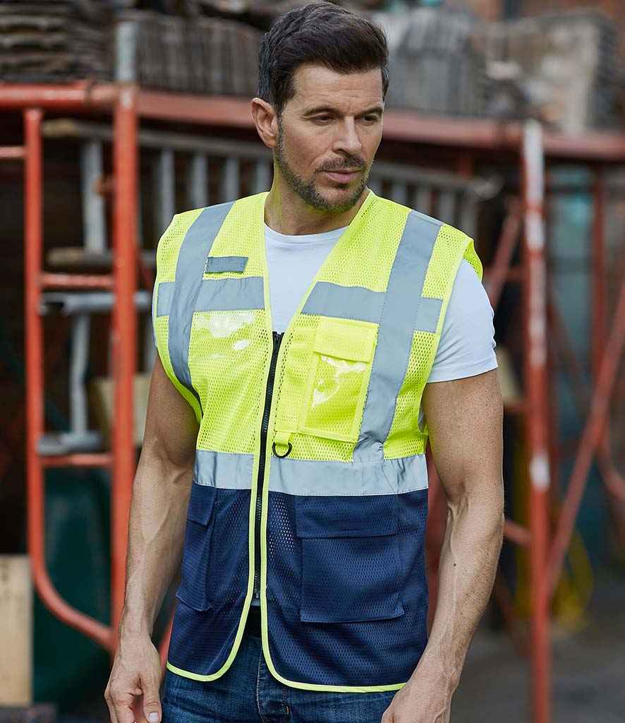 Yoko Hi-Vis Top Cool Open Mesh Executive Waistcoat in Yellow Navy by Yoko — Custom branded clothing by Print Press, featuring premium embroidery produced in our specialist print lab in the UK.