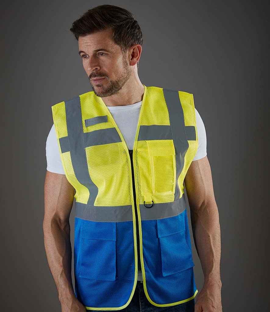 Yoko Hi-Vis Top Cool Open Mesh Executive Waistcoat in Yellow Royal Blue by Yoko — Custom branded clothing by Print Press, featuring premium embroidery produced in our specialist print lab in the UK.
