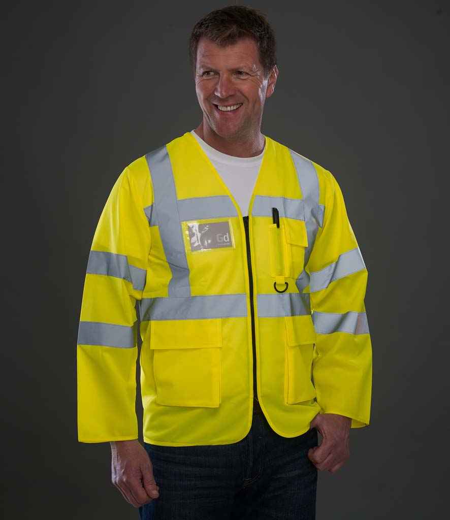 Yoko Hi-Vis Executive Long Sleeve Waistcoat in Yellow by Yoko — Custom branded clothing by Print Press, featuring premium embroidery produced in our specialist print lab in the UK.