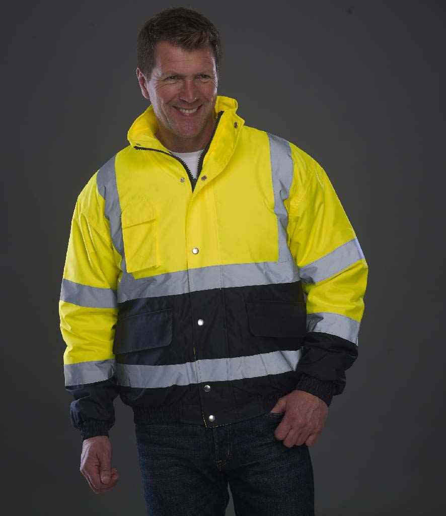 Yoko Hi-Vis Two Tone Bomber Jacket in Yellow Navy by Yoko — Custom branded clothing by Print Press, featuring premium embroidery produced in our specialist print lab in the UK.