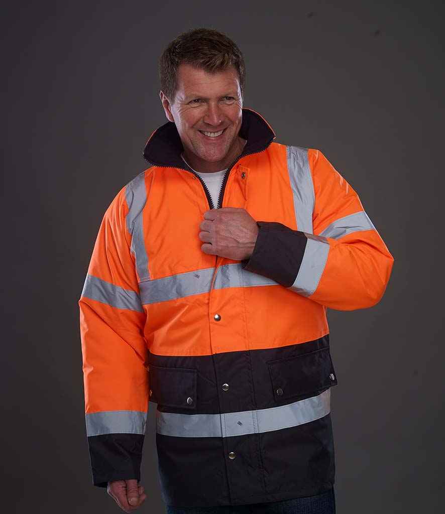 Yoko Hi-Vis Two Tone Motorway Jacket in Orange Navy by Yoko — Custom branded clothing by Print Press, featuring premium embroidery produced in our specialist print lab in the UK.
