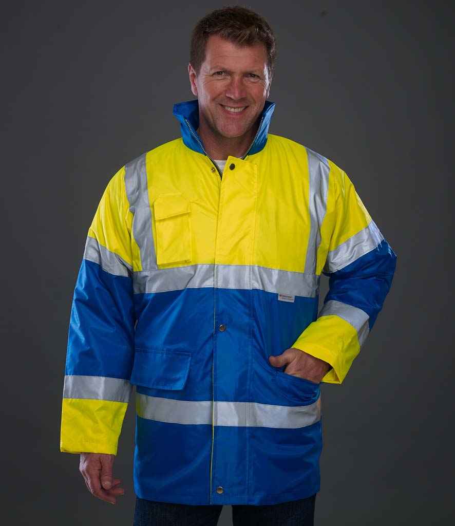 Yoko Hi-Vis Contrast Jacket in Yellow Royal Blue by Yoko — Custom branded clothing by Print Press, featuring premium embroidery produced in our specialist print lab in the UK.