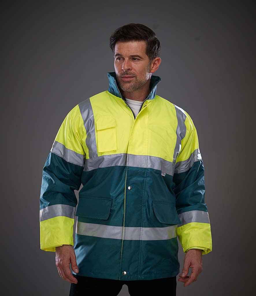 Yoko Hi-Vis Contrast Jacket in Yellow Paramedic Green by Yoko — Custom branded clothing by Print Press, featuring premium embroidery produced in our specialist print lab in the UK.