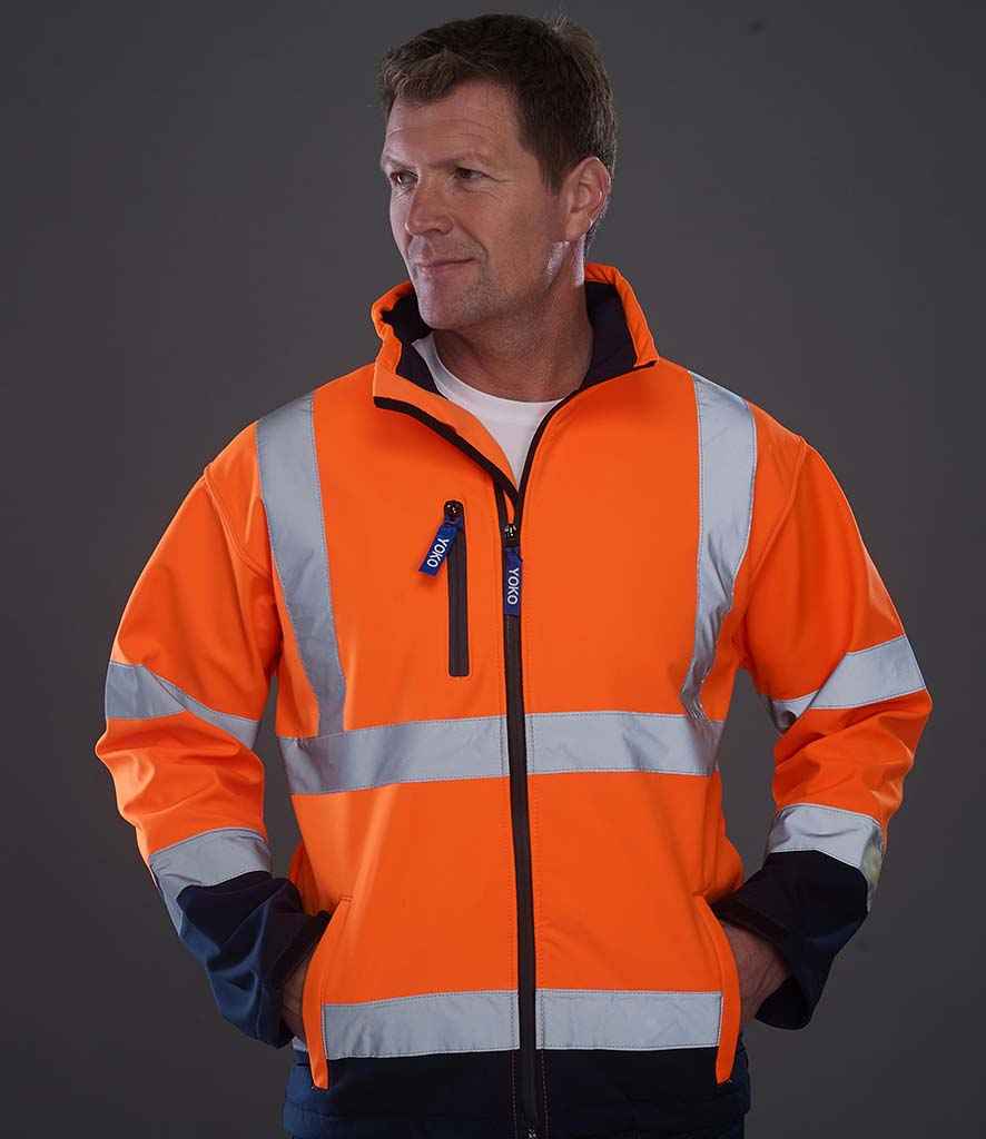 Yoko Hi-Vis Soft Shell Jacket in Orange Navy by Yoko — Custom branded clothing by Print Press, featuring premium embroidery produced in our specialist print lab in the UK.