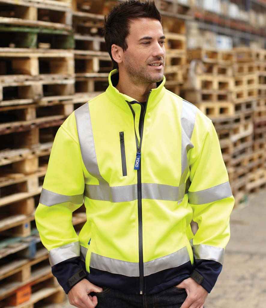 Yoko Hi-Vis Soft Shell Jacket in Yellow Navy by Yoko — Custom branded clothing by Print Press, featuring premium embroidery produced in our specialist print lab in the UK.
