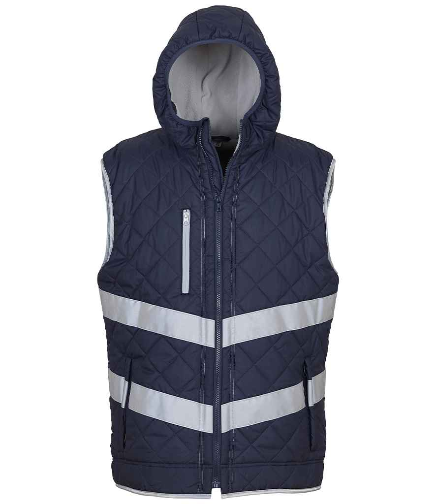 Yoko Hi-Vis Kensington Hooded Gilet in Navy by Yoko — Custom branded clothing by Print Press, featuring premium embroidery produced in our specialist print lab in the UK.