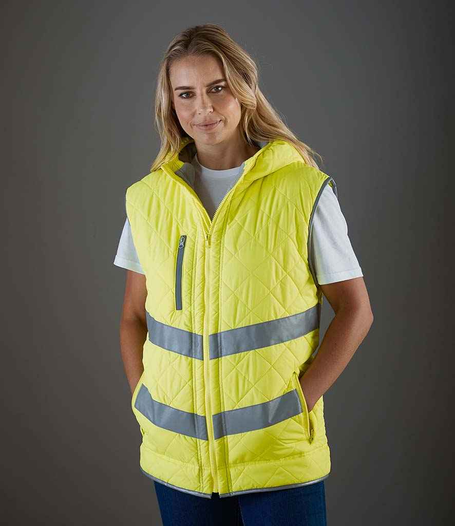 Yoko Hi-Vis Kensington Hooded Gilet in Yellow by Yoko — Custom branded clothing by Print Press, featuring premium embroidery produced in our specialist print lab in the UK.